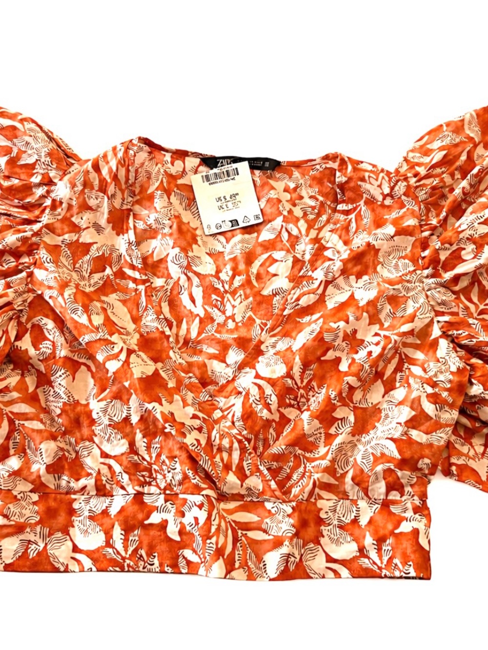Zara White and Orange Floral Puff-Sleeve Crop Top